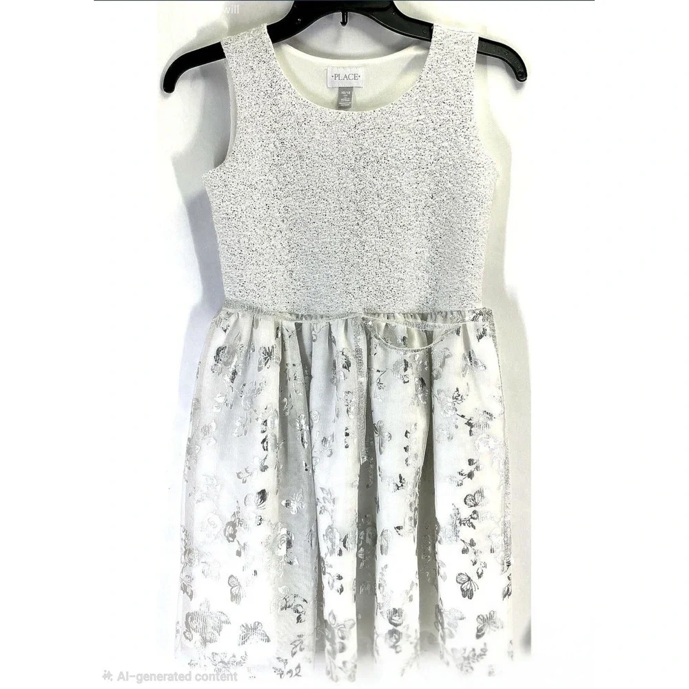 THE CHILDREN'S PLACE Girls Sleeveless Silver Floral Party Dress Size 10/12 Large